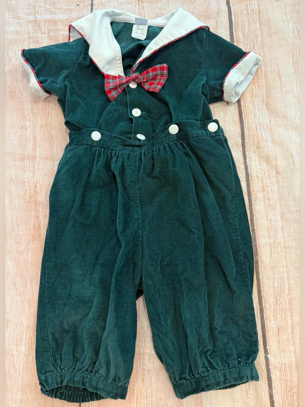 Vintage 80’s Sir Alec Dallas Green Cotton Romper 2t Boys Plaid Bow Tie Christmas